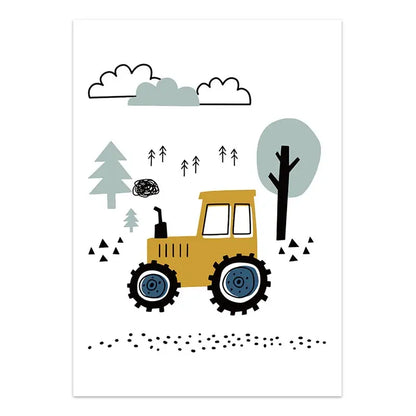 Illustration of a yellow tractor with trees and clouds on a white background