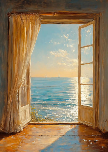Open window with curtains showing a view of the ocean and sky.
