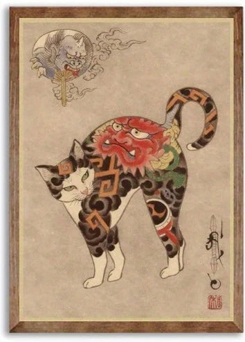 Traditional Japanese-style illustration of a tattooed cat with a dragon and floral designs on a beige background.
