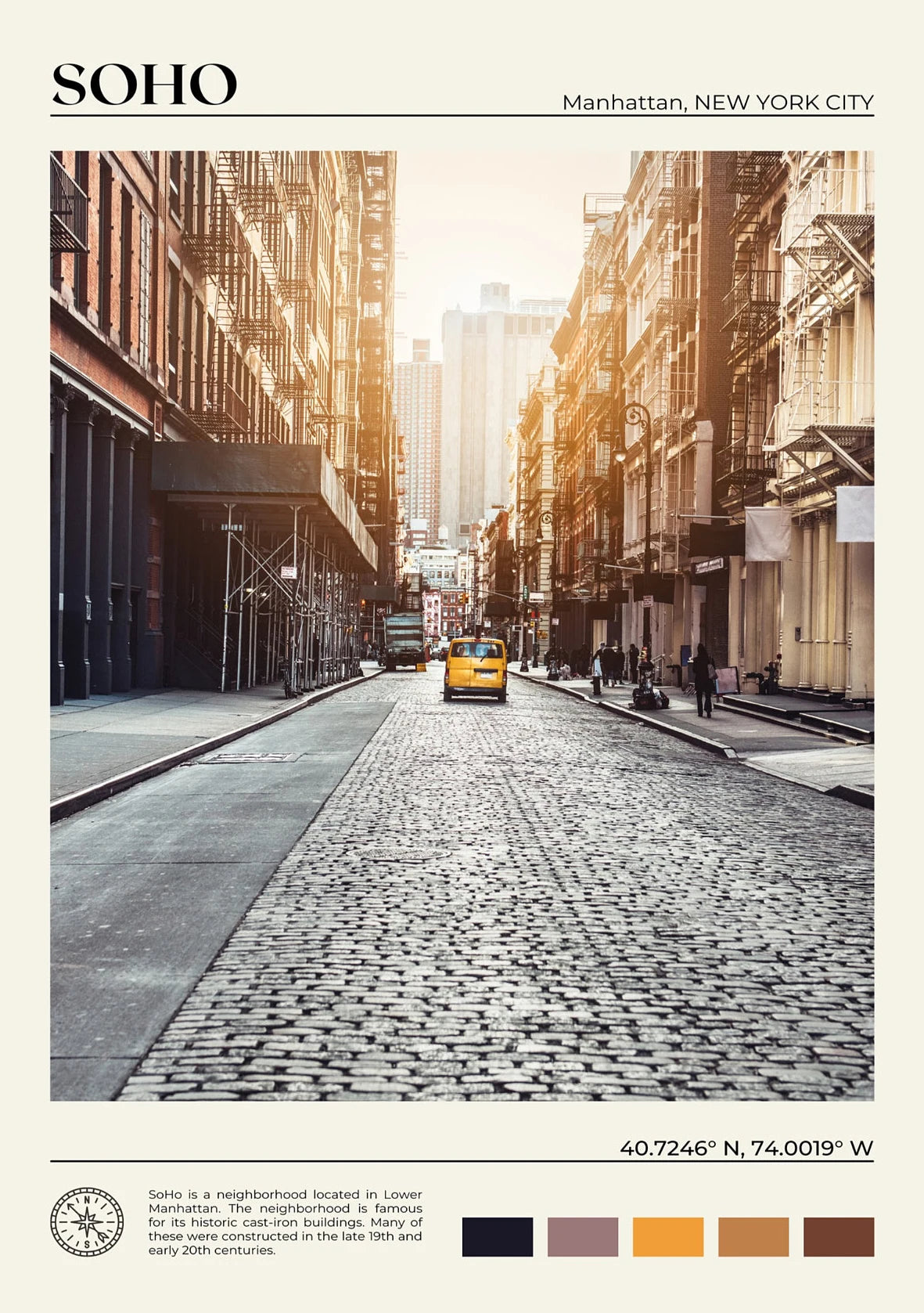 Cobbled street with a yellow taxi in Soho, Manhattan, New York City