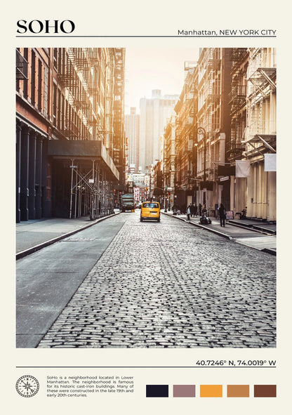 Cobbled street with a yellow taxi in Soho, Manhattan, New York City