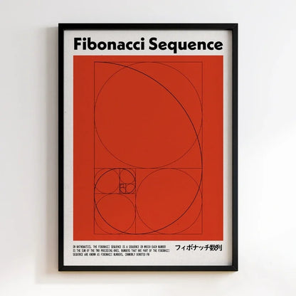 Framed poster titled 'Fibonacci Sequence' with geometric design on a red background.
