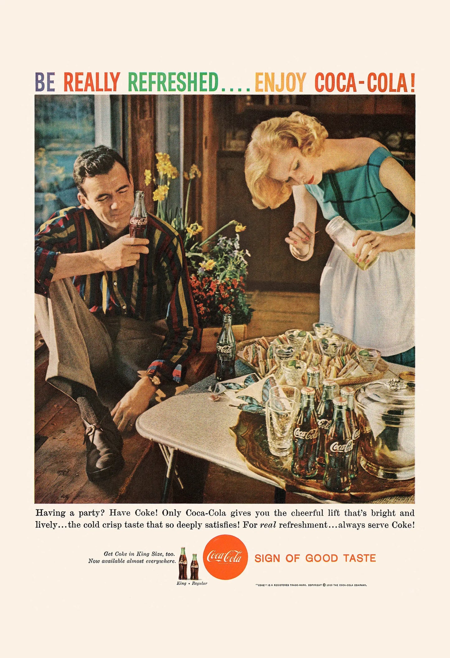 Vintage Coca-Cola advertisement with a couple at a table, featuring the brand's logo and text.