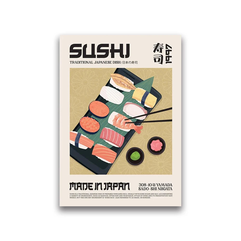 Poster of sushi with text 'Sushi Traditional Japanese Dish' on a beige background