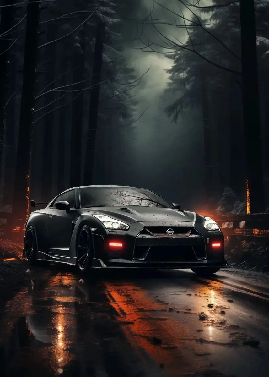 Black sports car on a wet road in a forest at night