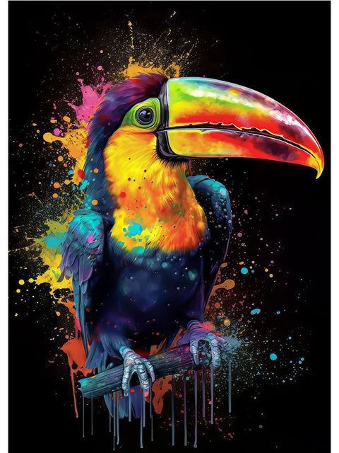 Colorful toucan illustration with splatter effects on a black background