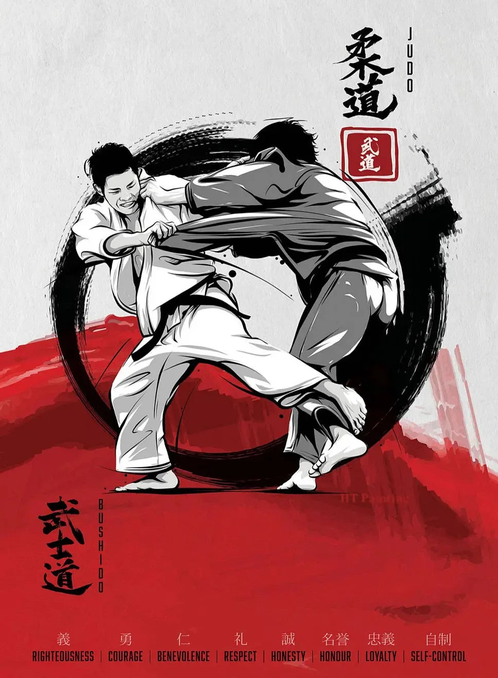 Illustration of two martial artists in a judo pose with red and black background