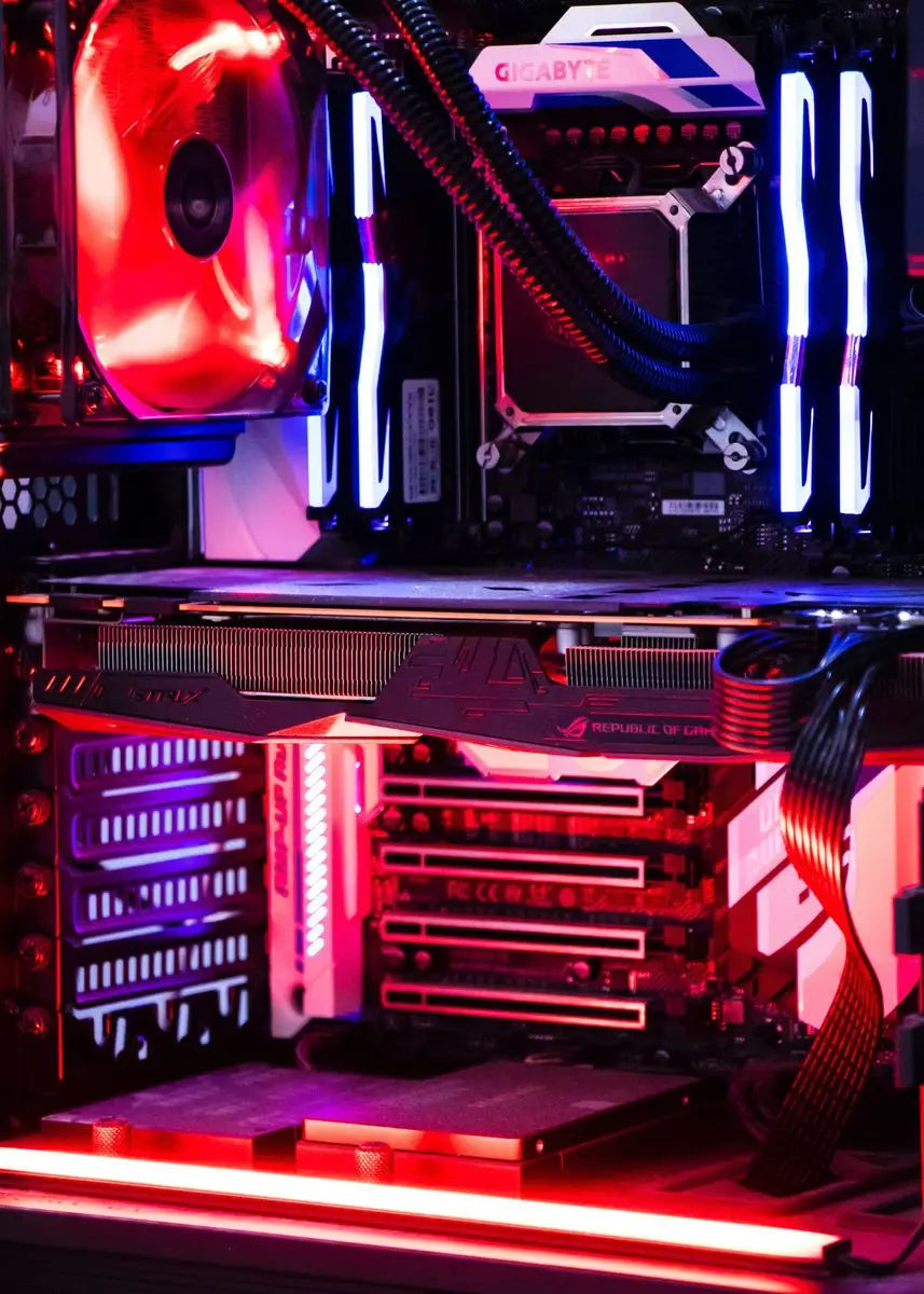 Close-up of a computer motherboard with RGB lighting