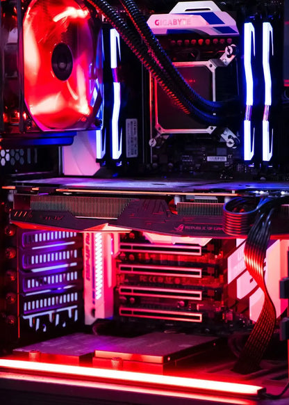 Close-up of a computer motherboard with RGB lighting