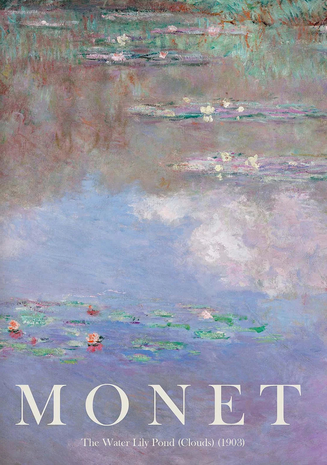 Painting of a water lily pond by Monet with 'Monet' and the year 1905 displayed.