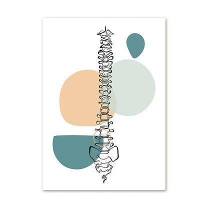 Art print with a stylized spine illustration and abstract color blocks on a white background