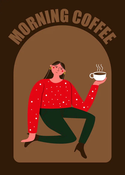 Illustration of a person in a red sweater holding a coffee cup with 'Morning Coffee' text above on a brown background.