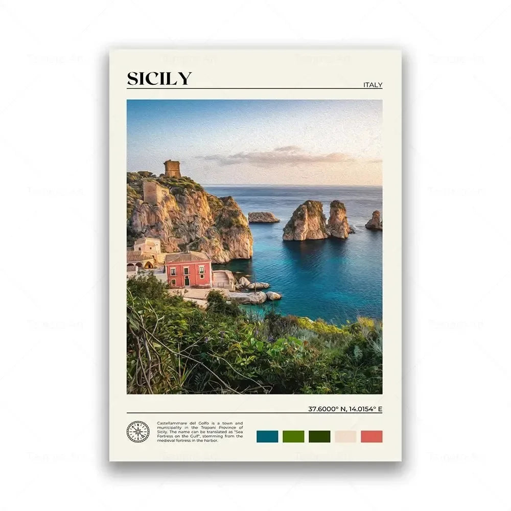 Poster of Sicily with a scenic view of coastal cliffs and buildings.