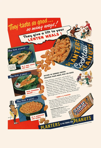 Vintage advertisement for Planters Peanuts with illustrations and text on a white background