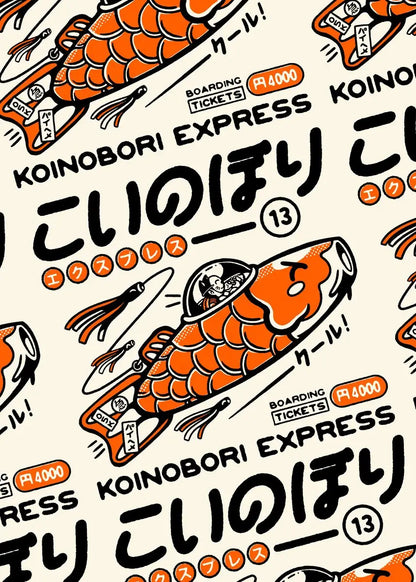 Koinobori Express train design with orange fish illustration on a beige background