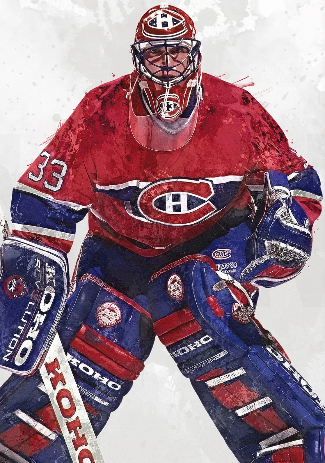 Hockey player in red and blue uniform with visible branding on a light gray background