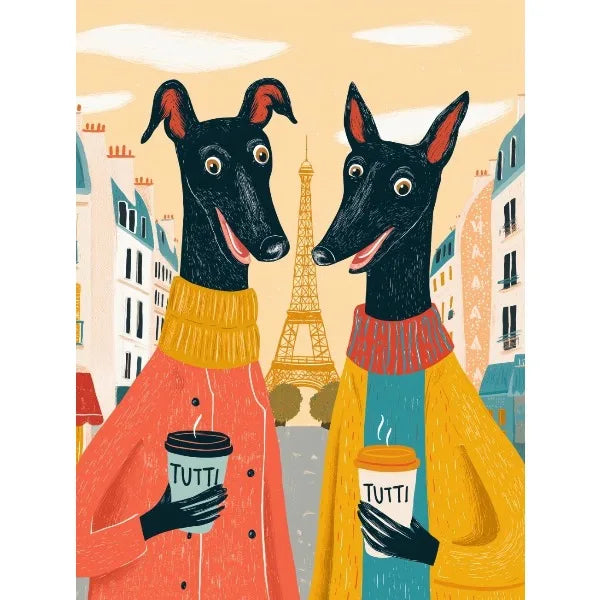 Two dogs in colorful outfits holding 'TUTI' cups with the Eiffel Tower in the background.