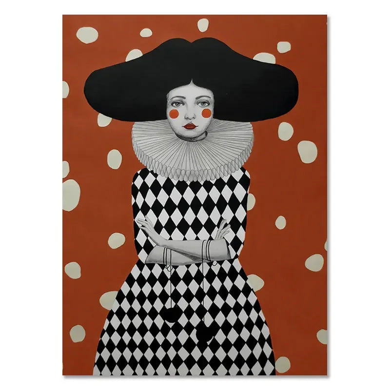 Artistic depiction of a character with a black hat and checkered outfit on a polka dot background