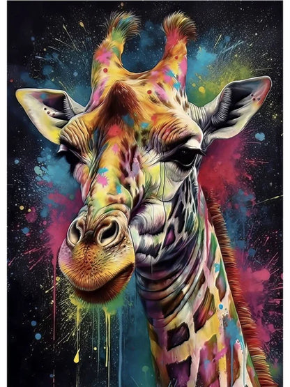 Colorful abstract giraffe painting on a dark background