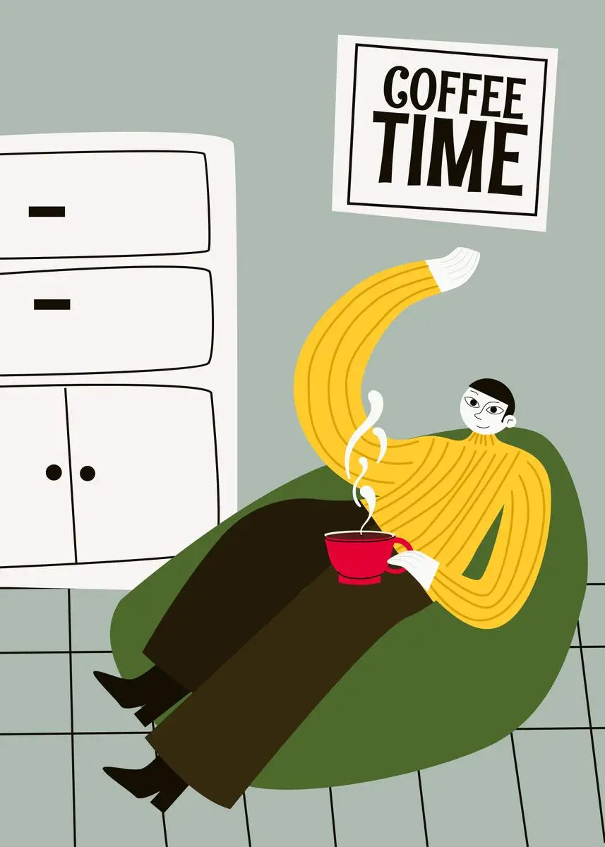 Illustration of a person wrapped in a yellow blanket, sipping coffee with a 'Coffee Time' sign above.