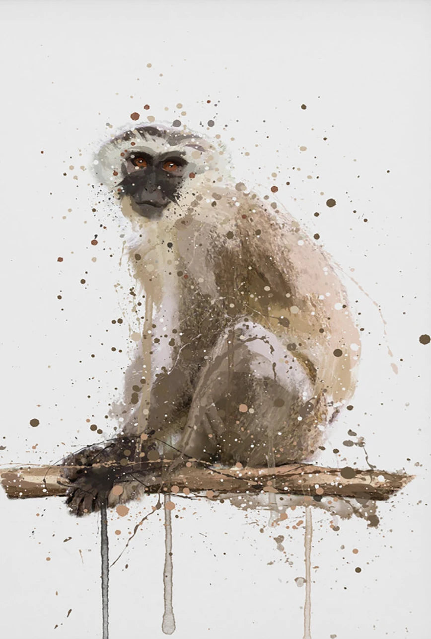 Artistic depiction of a monkey sitting on a branch with a white background