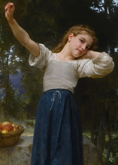 Painting of a young woman in a natural setting with trees and a basket of apples.