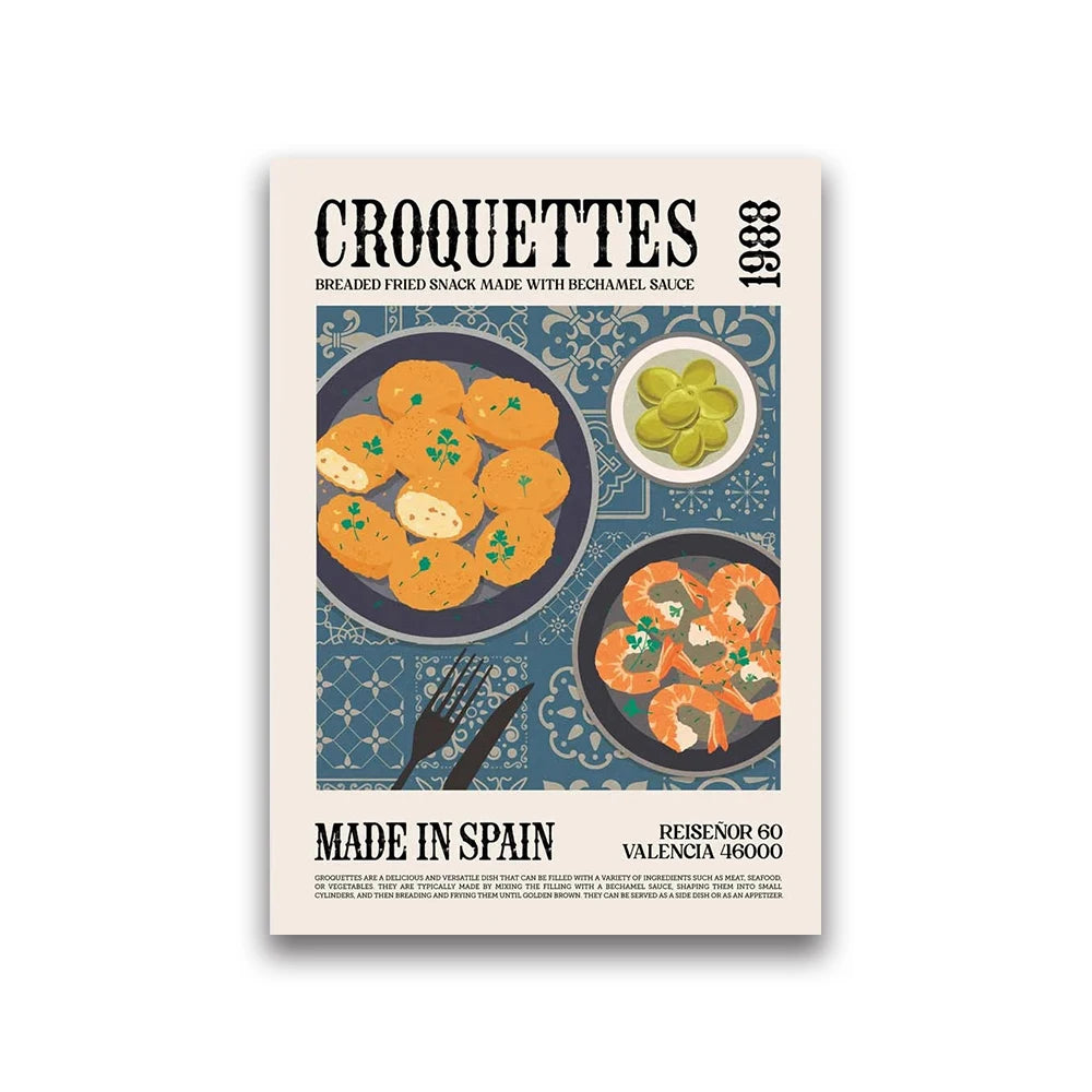 Poster for croquettes with text and illustrations on a beige background