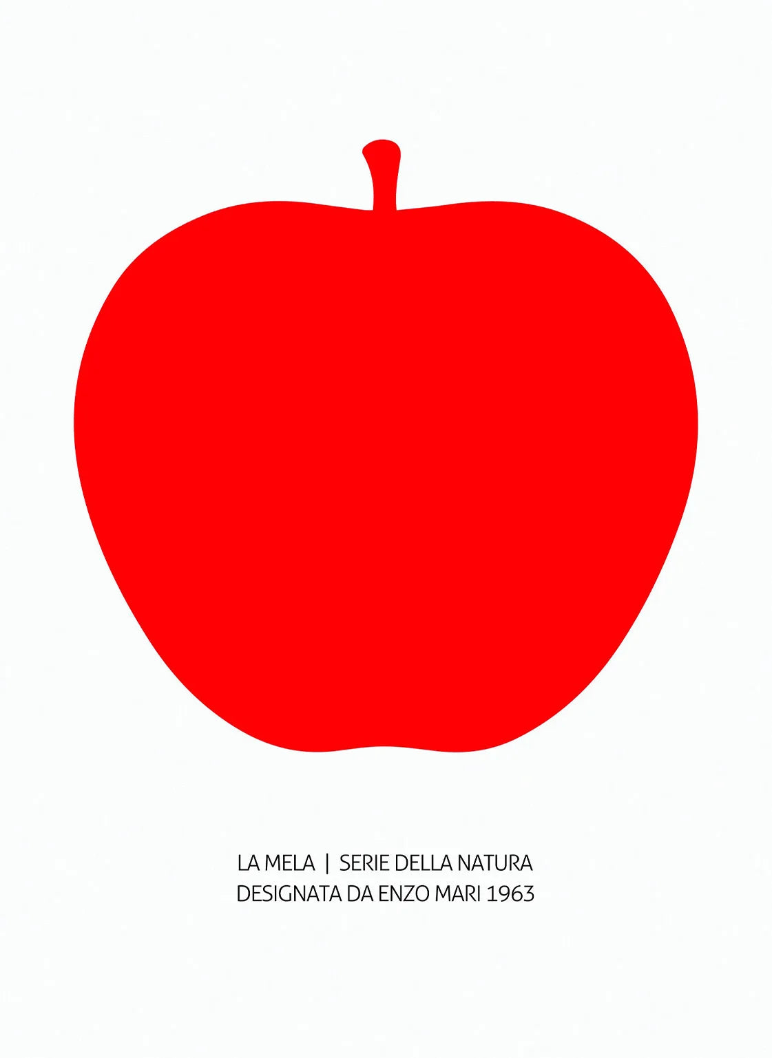 Red apple silhouette on a white background with text below.