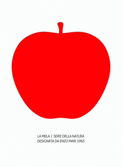Red apple silhouette on a white background with text below.