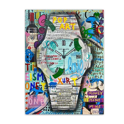 Colorful pop art-style clock with abstract designs and text on a white background