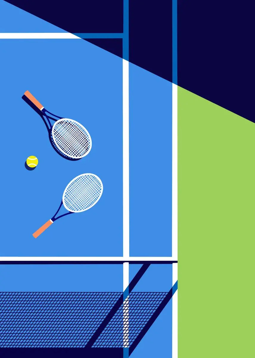 Two tennis rackets and a ball on a blue and green court