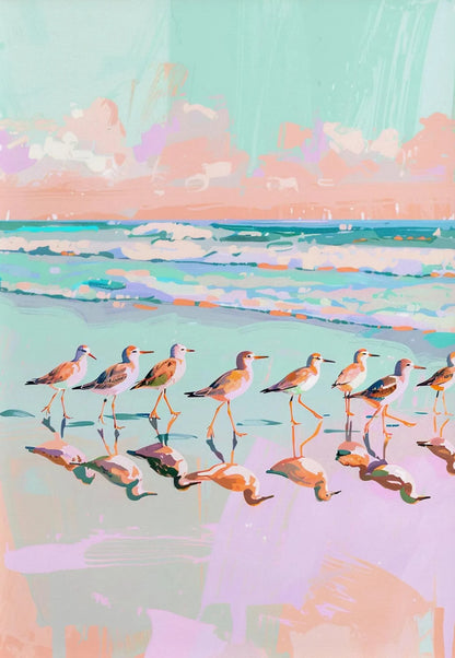 Artistic depiction of birds walking along a beach with a colorful sky.