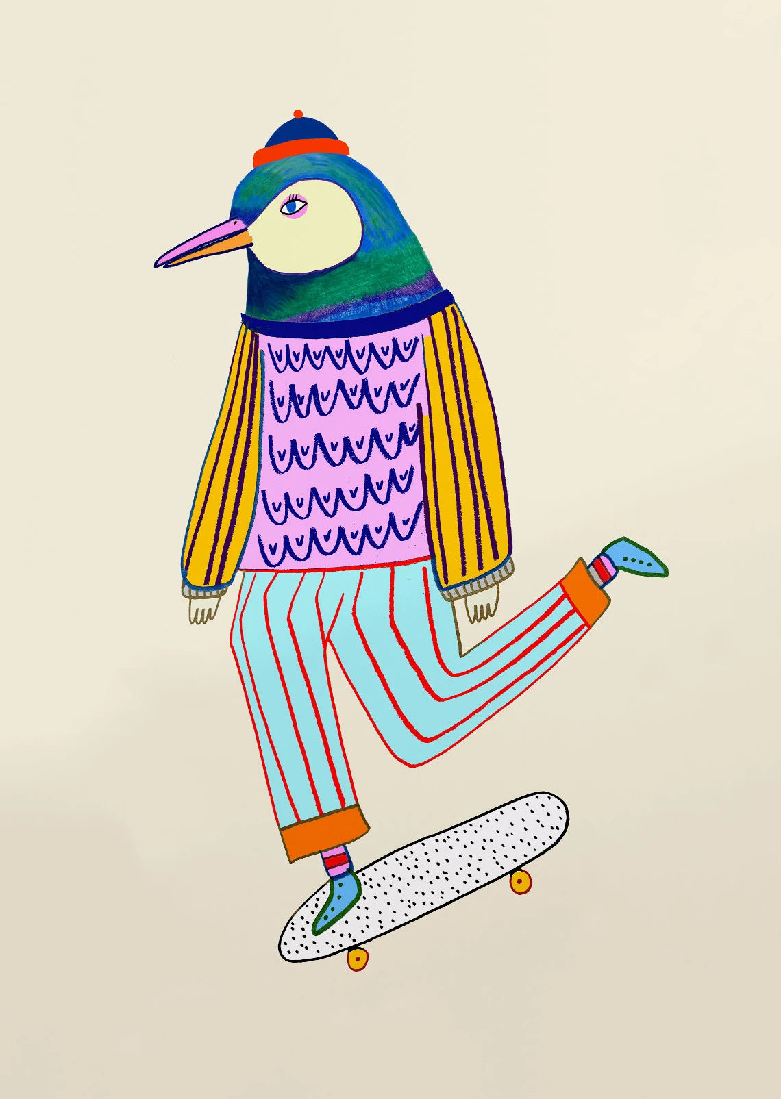 Colorful illustration of a bird character on a skateboard against a beige background
