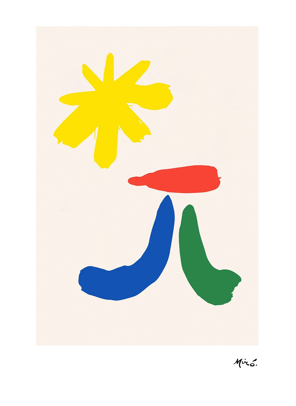 Abstract art piece with a yellow flower, red circle, blue curved line, and green oval on a beige background.