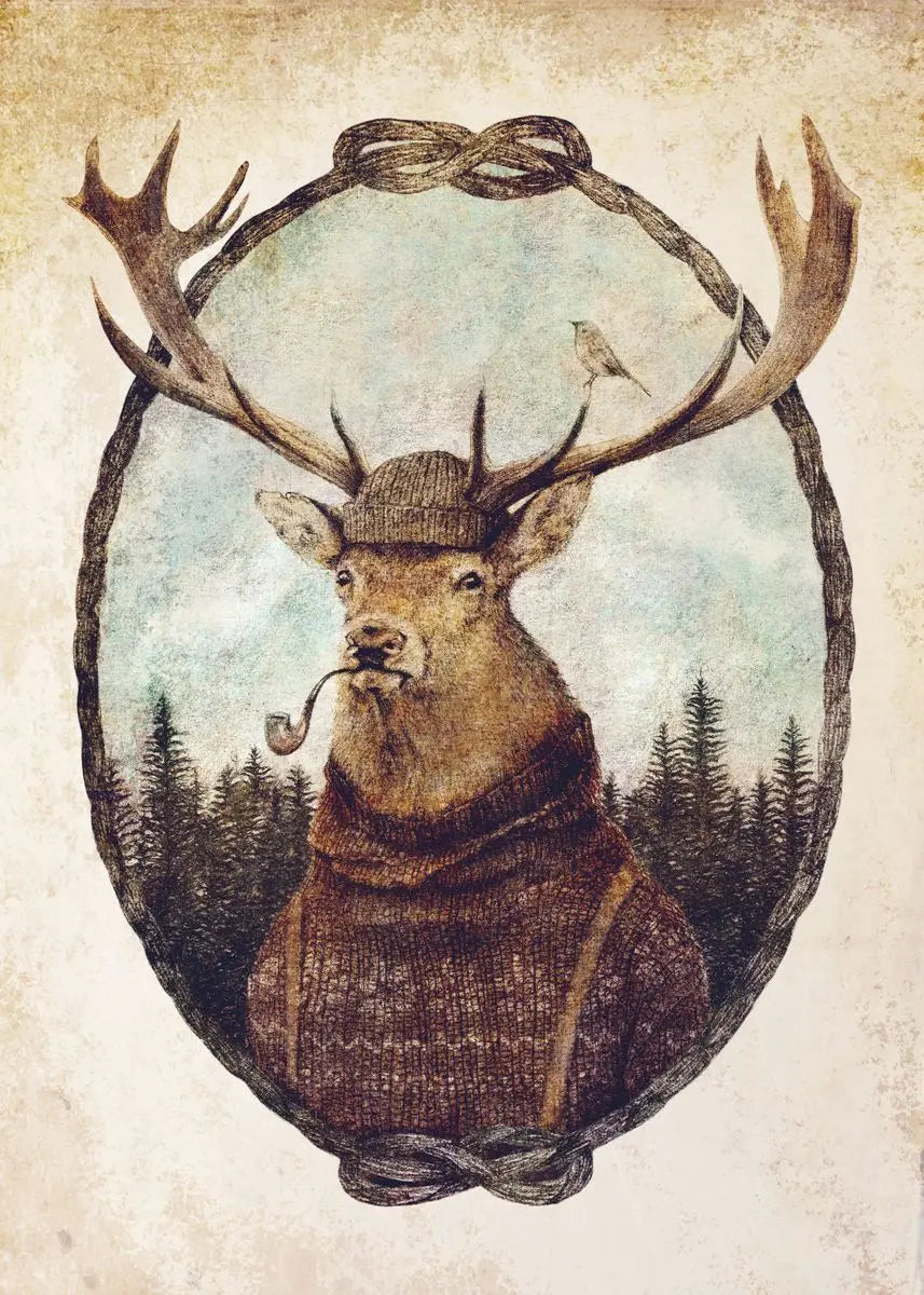Illustration of a deer wearing a hat and smoking a pipe, with a forest background.