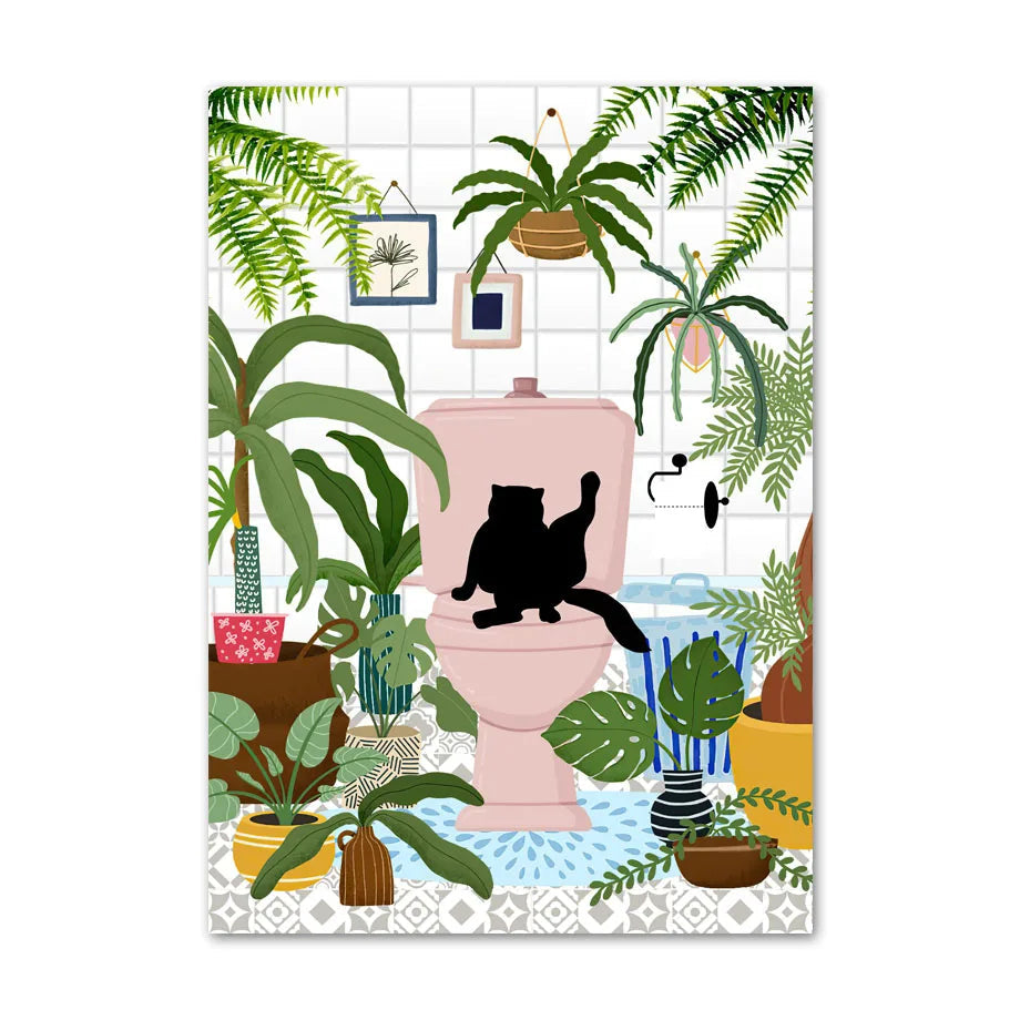 Decorative poster with a pink toilet and black cat silhouette, surrounded by potted plants on a tiled wall.