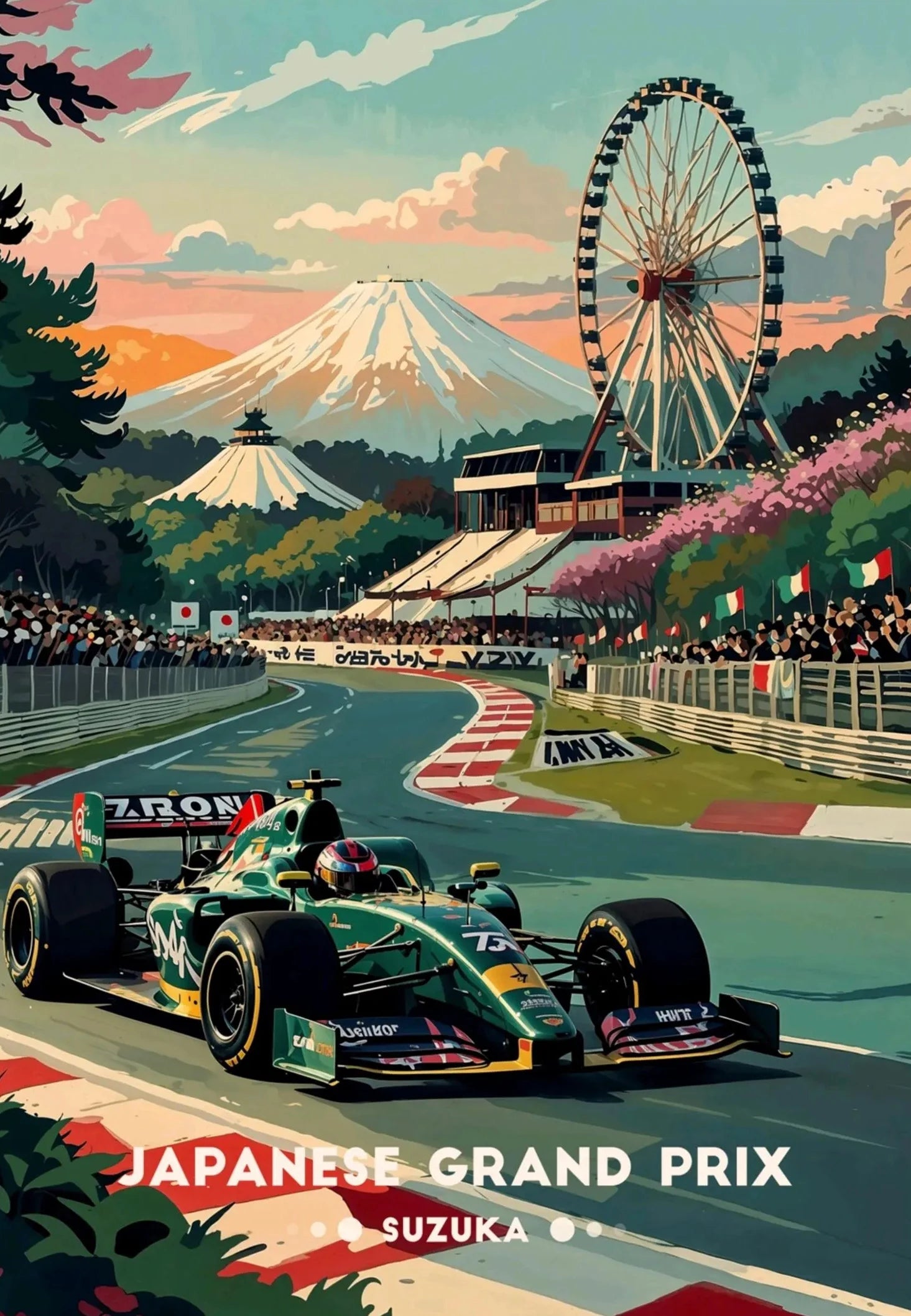 Illustration of a Formula 1 car on a race track with Mount Fuji in the background, featuring the Japanese Grand Prix at Suzuka.