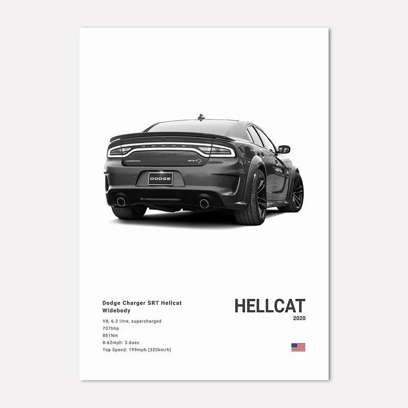 Poster of a Dodge Charger SRT Hellcat Widebody with specifications on a white background