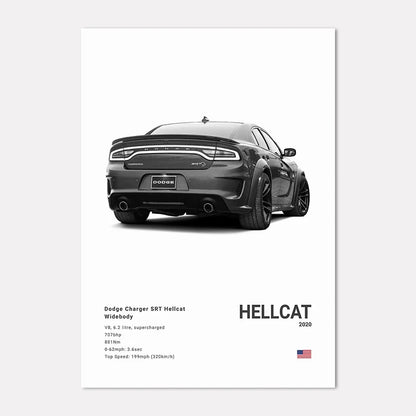 Poster of a Dodge Charger SRT Hellcat Widebody with specifications on a white background