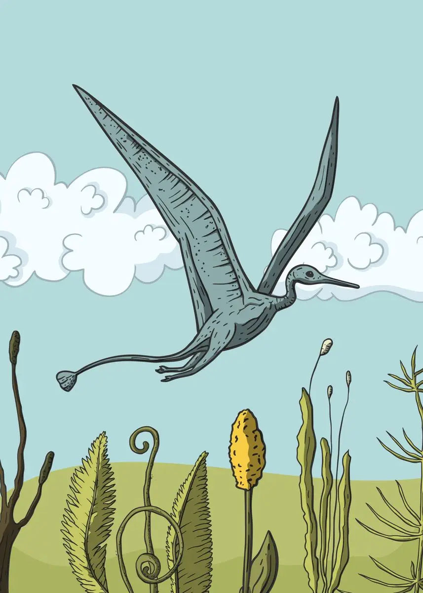 Illustration of a pterodactyl flying over a prehistoric landscape with plants and clouds.