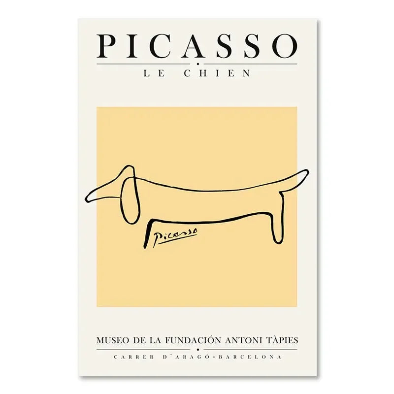 Poster of Picasso's line drawing of a dog on a beige background with text.