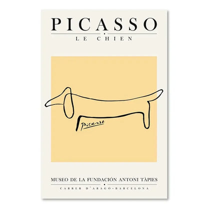 Poster of Picasso's line drawing of a dog on a beige background with text.