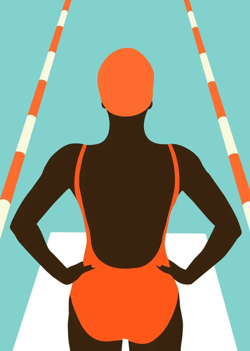 Person wearing an orange and black swimsuit with a blue background