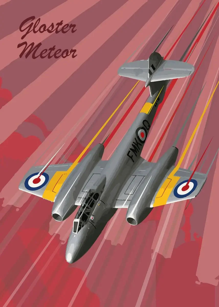 Gloster Meteor aircraft illustration with red and yellow accents on a red background