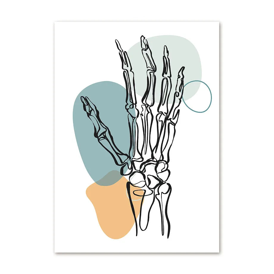 Illustration of a hand skeleton with abstract blue and orange shapes on a white background