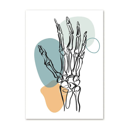 Illustration of a hand skeleton with abstract blue and orange shapes on a white background