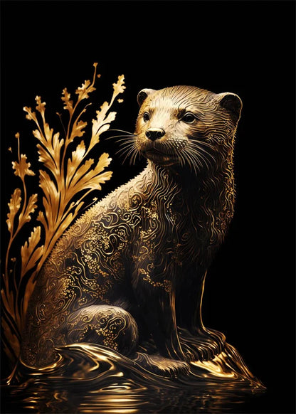 Decorative otter illustration with intricate gold patterns on a black background