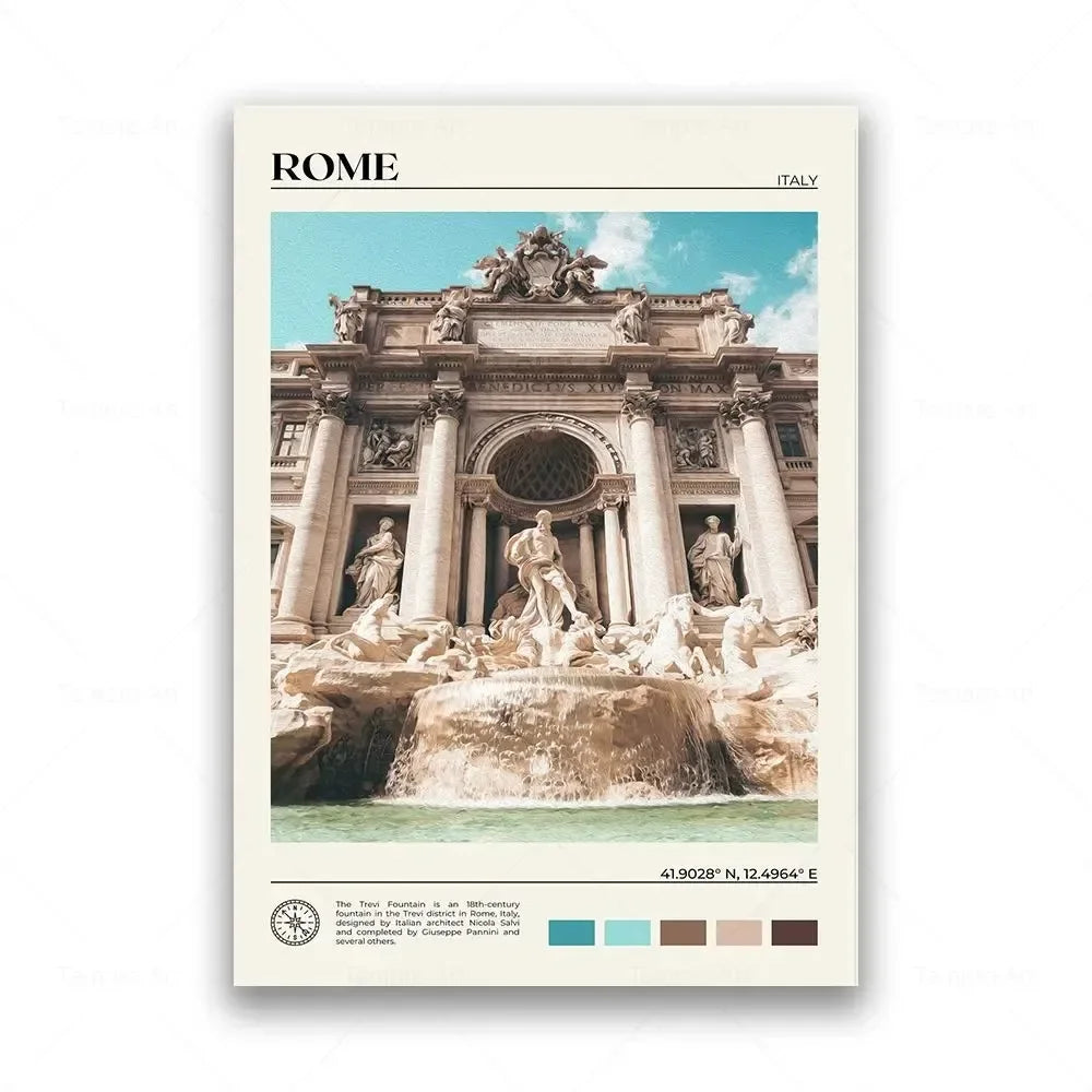 Framed artwork of the Trevi Fountain in Rome with a color palette on a white background.