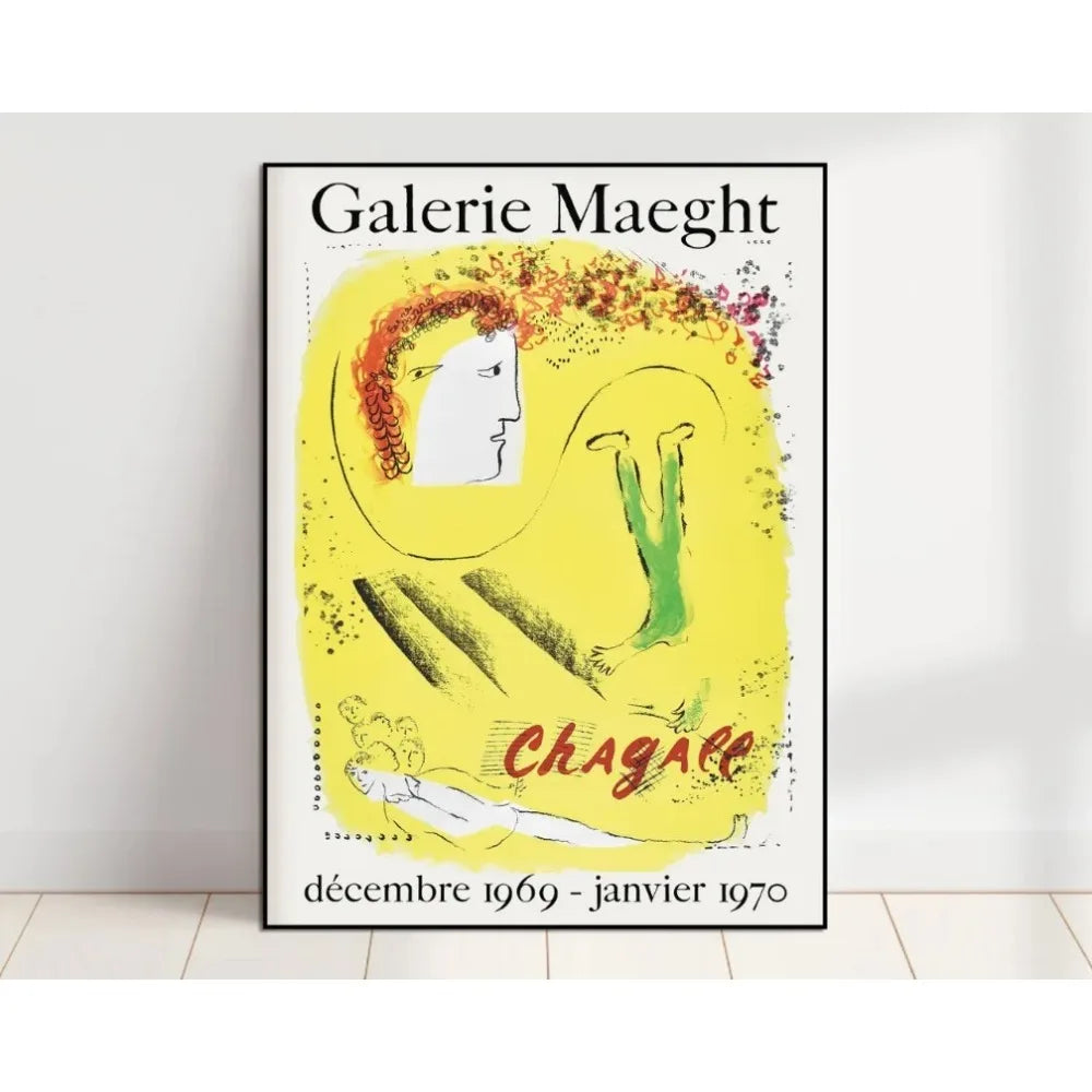 Poster for Galerie Maeght Chagall exhibition with a stylized face design on a yellow background.
