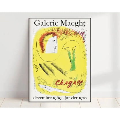 Poster for Galerie Maeght Chagall exhibition with a stylized face design on a yellow background.
